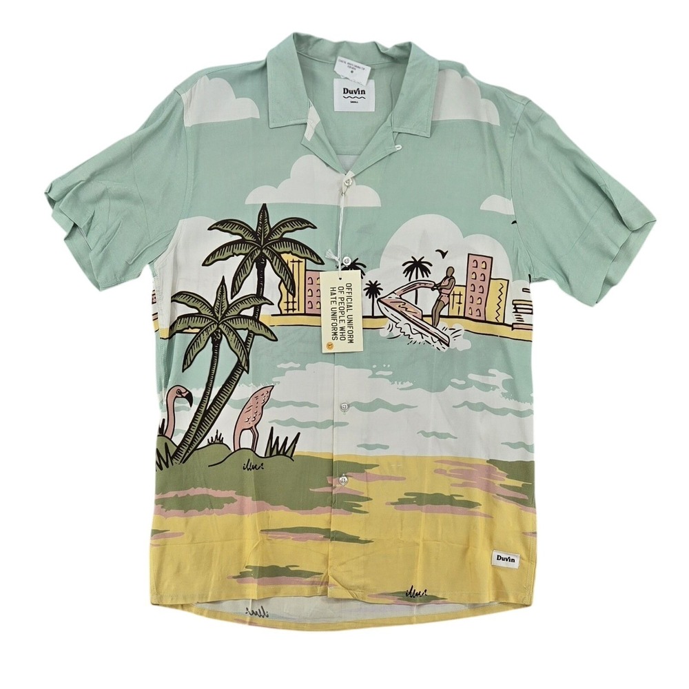 Duvin Tropical Button Up Shirt Mens Small Rayon Graphic Print Short‎ Sleeve NWT
